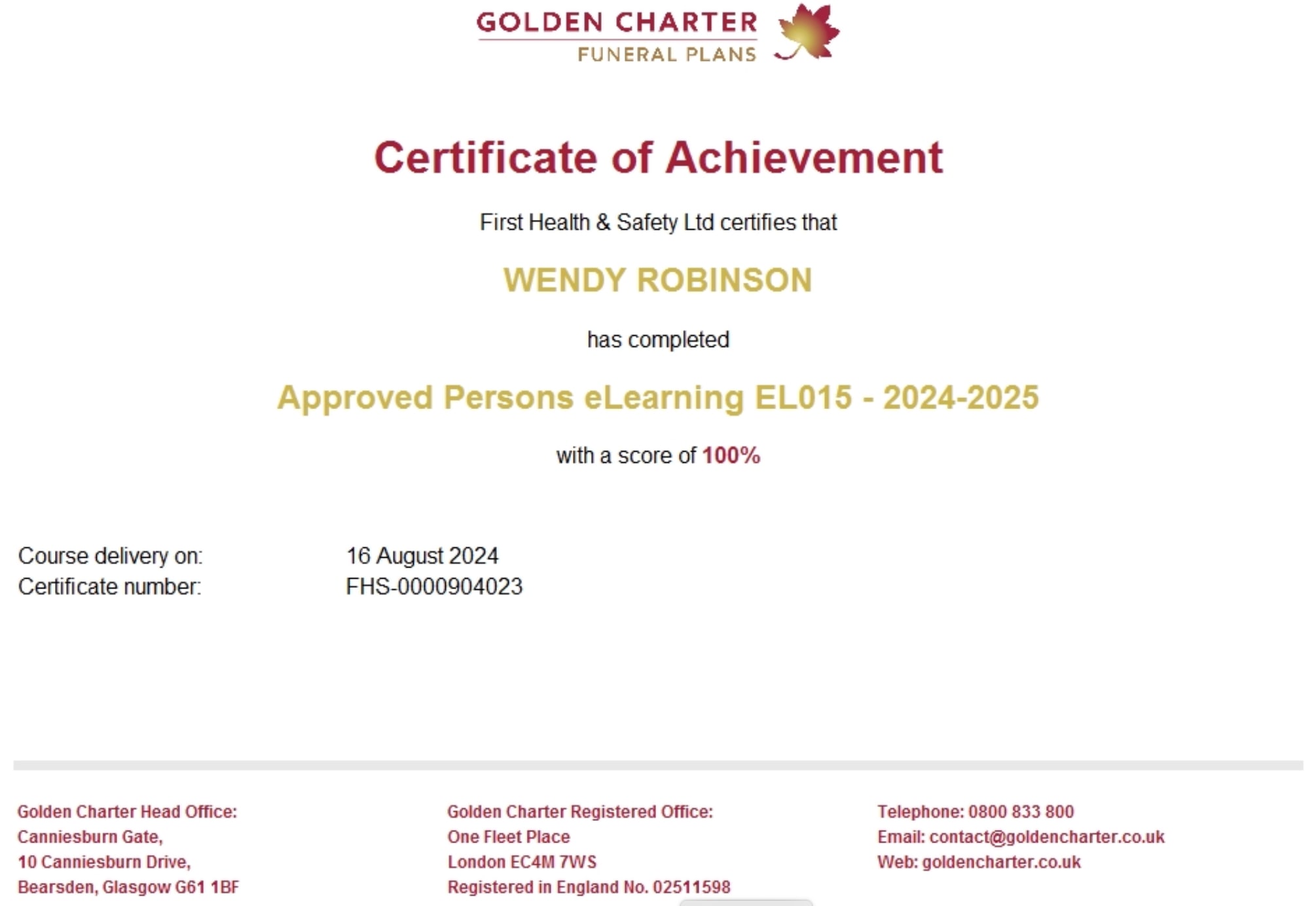Golden Charter Certificate